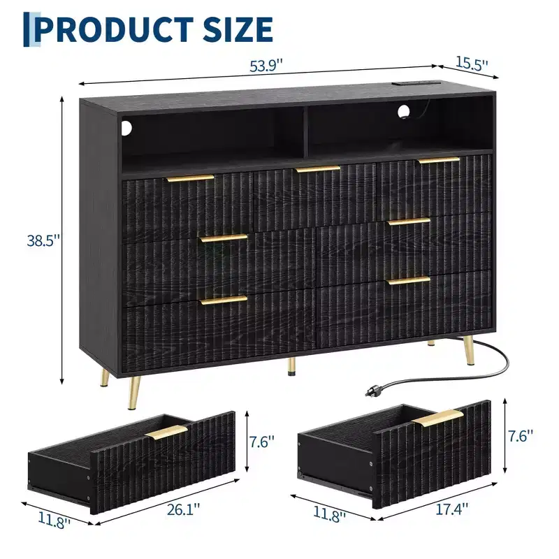 54-Inch Wide Fluted 7 Drawer Dresser, Modern Chest of Drawers with LED Lights and Charging Station, Gold Handles, Open Shelf Storage