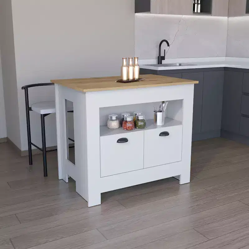 Minimalism Kitchen Island with Ample Storage, Kitchen Island Table with 2 Doors and 3 Shelves, Countertop Organizer for Dining Room