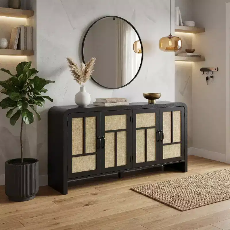 Sideboard Buffet Cabinet with Rattan Doors, Large Storage Cabinet with Shelves for Dining Room, Living Room, Entryway Storage Organizer