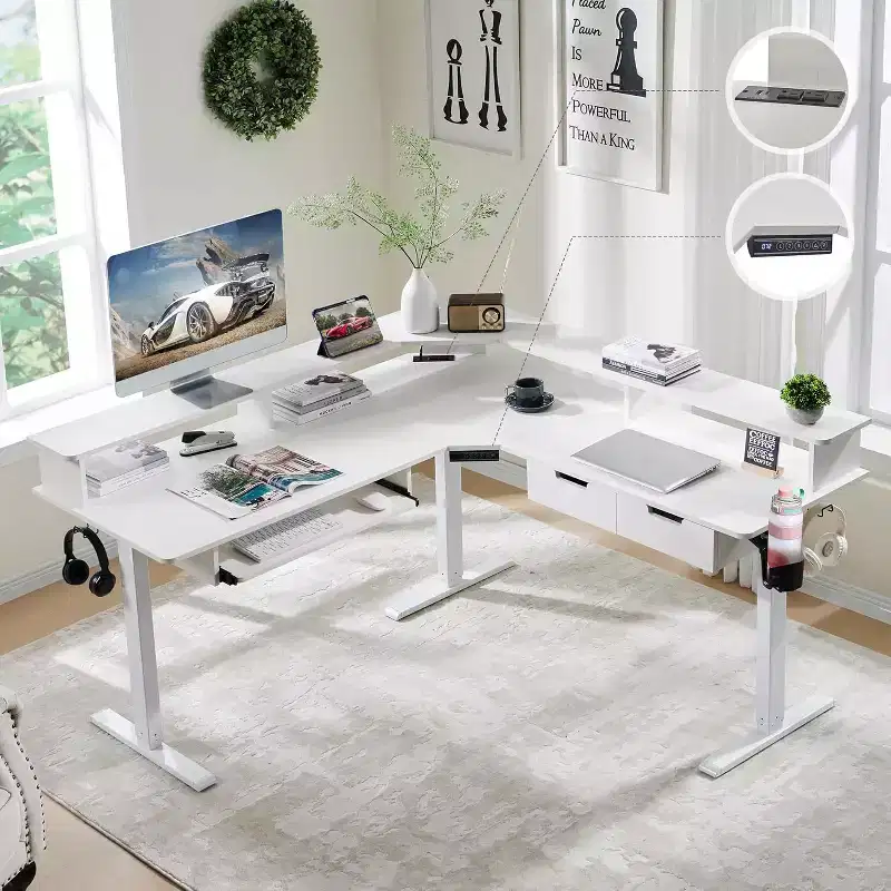60 L-Shaped Corner Gaming Desk with 2 Drawers, Electric Standing Desk with Power Outlets & LED Lighting