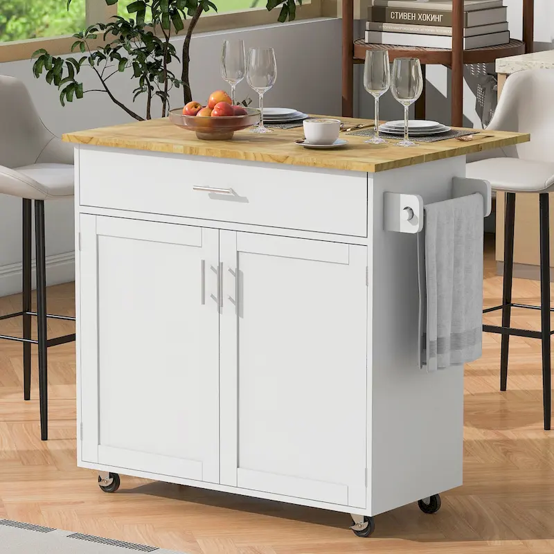 Rolling Kitchen Island with Storage,Kitchen Cart with Rubber Wood Top,Spacious Drawer with Divider and Internal Storage Rack