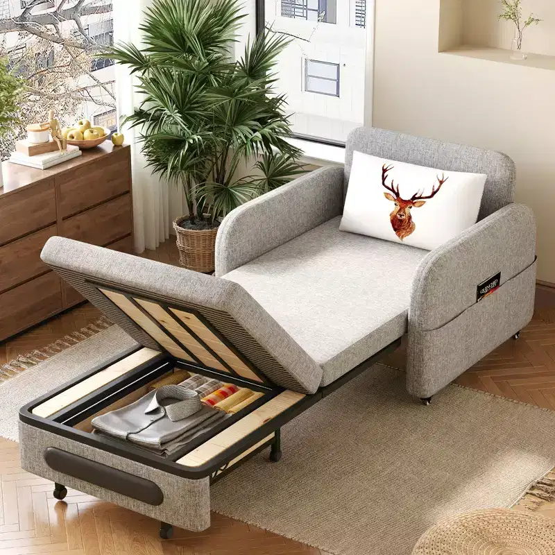 Gaoyangjiaju 3-in-1 Convertible Sleeper Chair with Storage Drawer - Pull-out Sofa Bed with Side Pocket & Pillow - Grey