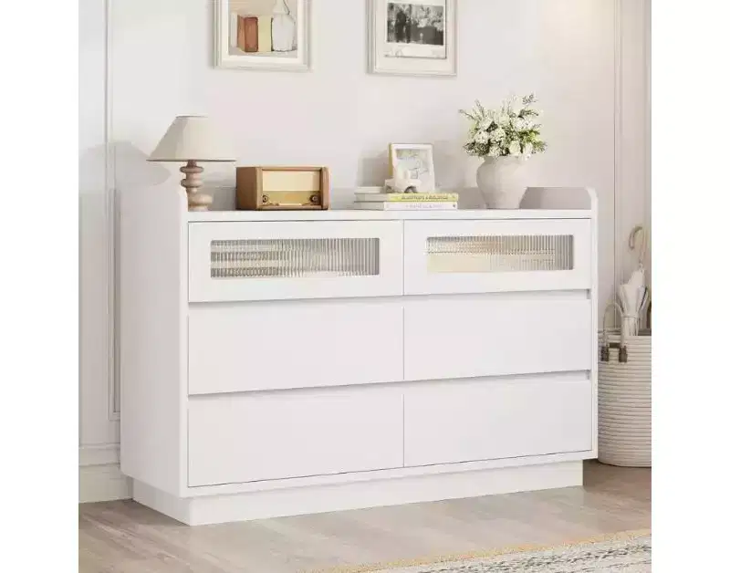 6-Drawer Dresser for Bedroom | 47.2 Wooden Closet Storage Chest with 2 Glass Drawers for Hallway, Entryway & Organization
