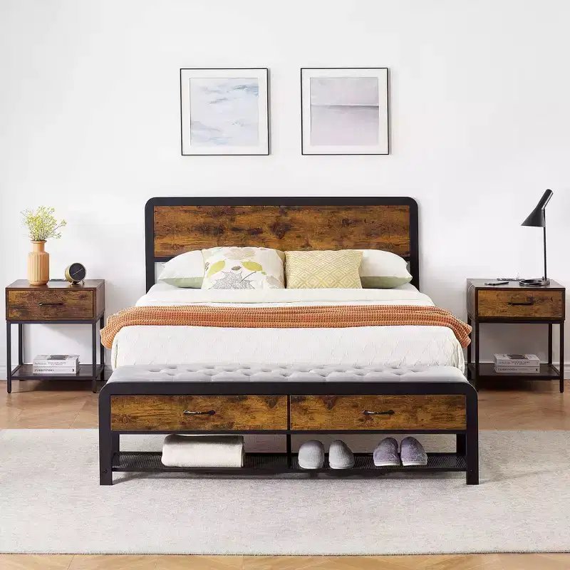 Rustic Large Bed Frame w/Bench and 2 Storage Drawers, Metal Platform Bed Frame w/Wood Headboard, No Box Spring Needed
