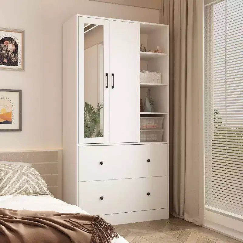 2-Door Armoire with Mirror, Hanging Rod and 2 Drawers