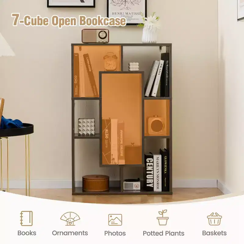 Costway 2 PCS 7-Cube Geometric Bookshelf with Anti-Toppling Device Modern Open Bookcase White/Grey/Natural