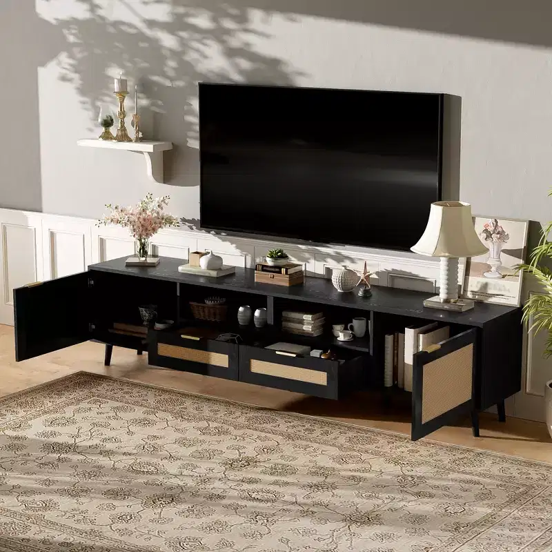 Rattan TV Stand for TVs up to 85'', Modern Farmhouse Media Console, Entertainment Center with Solid Wood Legs, for Living Room
