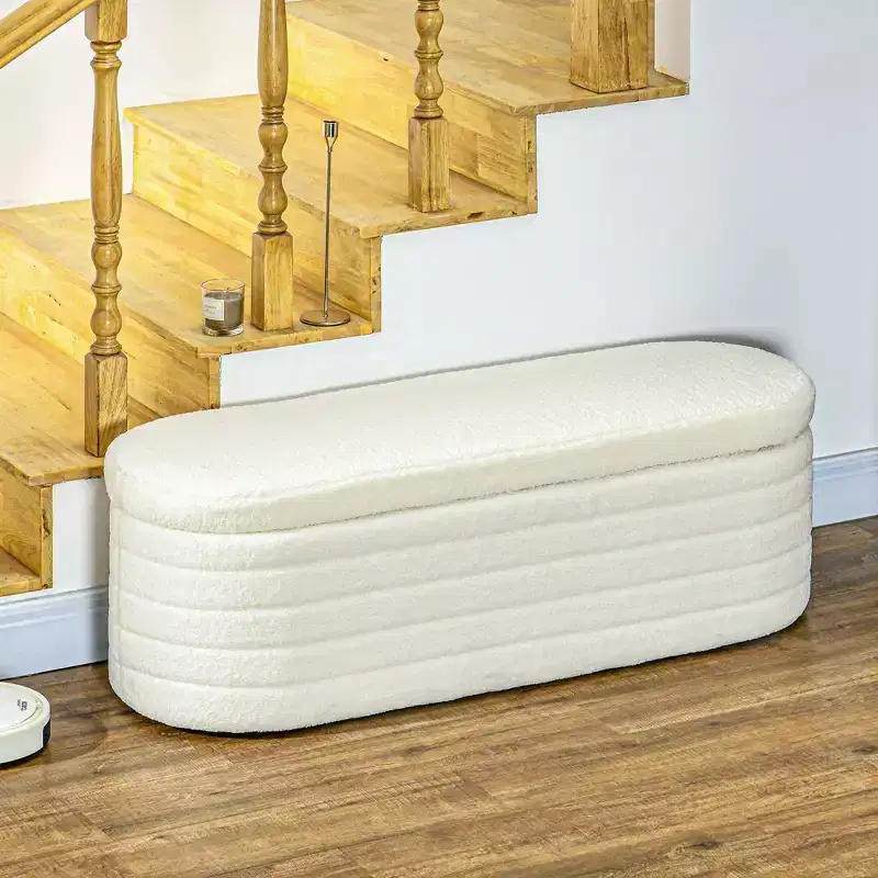 HOMCOM End of Bed Bench, Teddy Fleece Upholstered Storage Bench with Wood Frame for Living Room, Hallway, Bedroom, Cream White