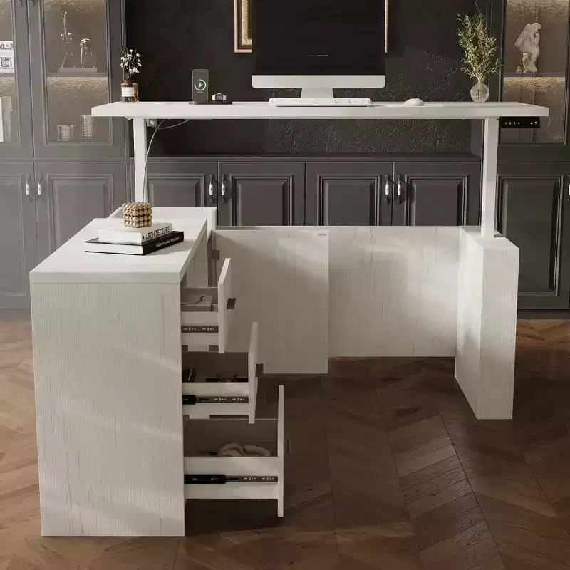 Famapy L-Shaped Electric Height Adjustable Desk  Large Workstation with Storage Drawers, Charging Ports & 4 Memory Settings for Home Office