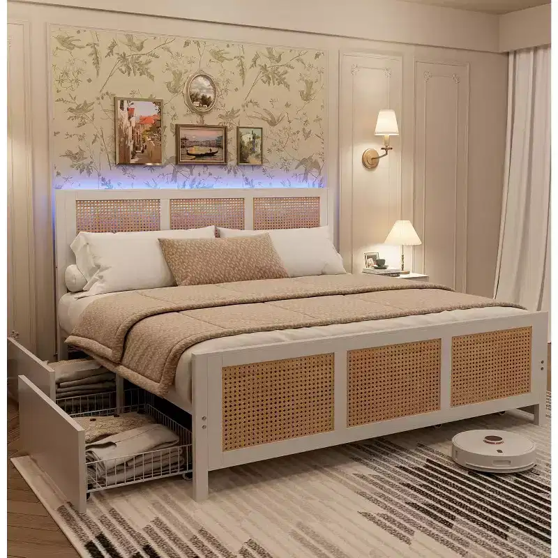 King Size Bed Frame with Headboard, Bohemian Rattan Platform Bed with Storage Drawers and LED Lighting, Complete Support System