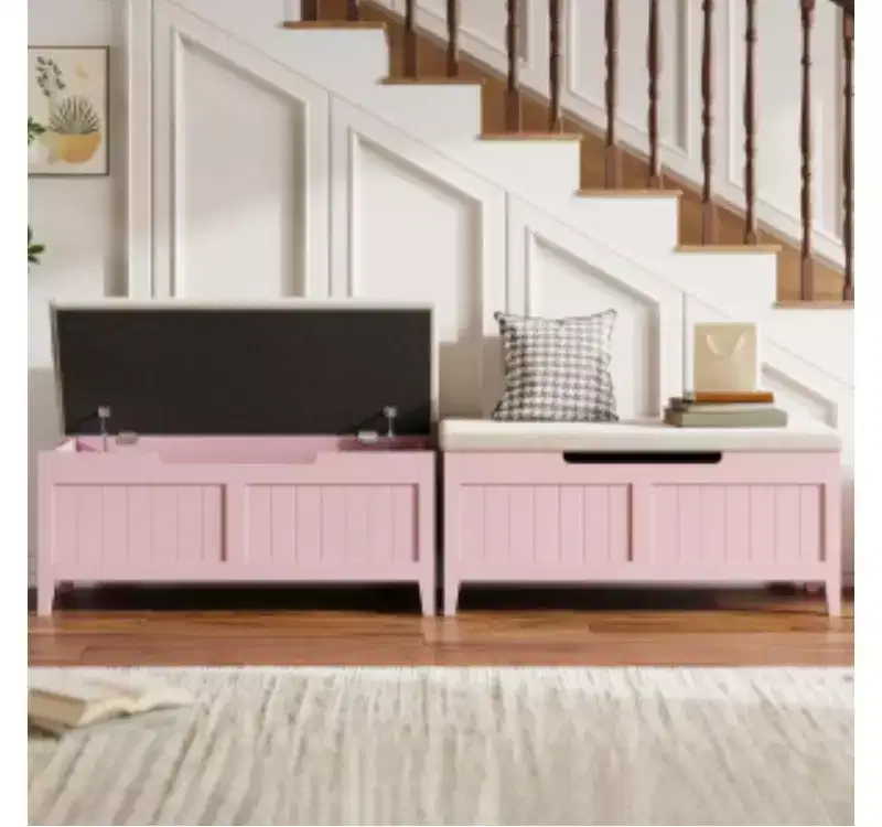 Solid Wood + Wood Panel Storage Ottoman with Solid Wood Legs,