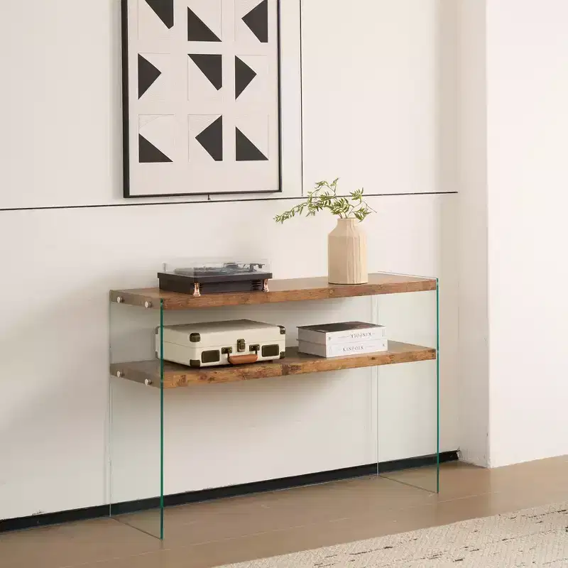 Modern Wood and Tempered Glass Console Table with Open Shelf