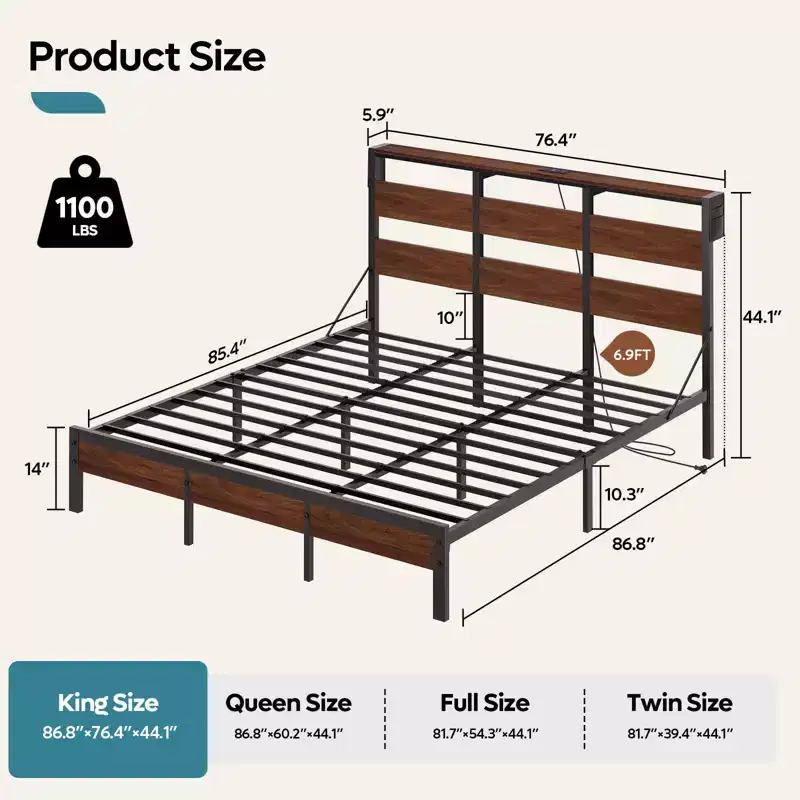 Bestier Queen Bed Frame with LED, Metal Platform Bed with Storage Headboard & Charging Station,Mattress Foundation with Heavy-duty Frame, Walnut