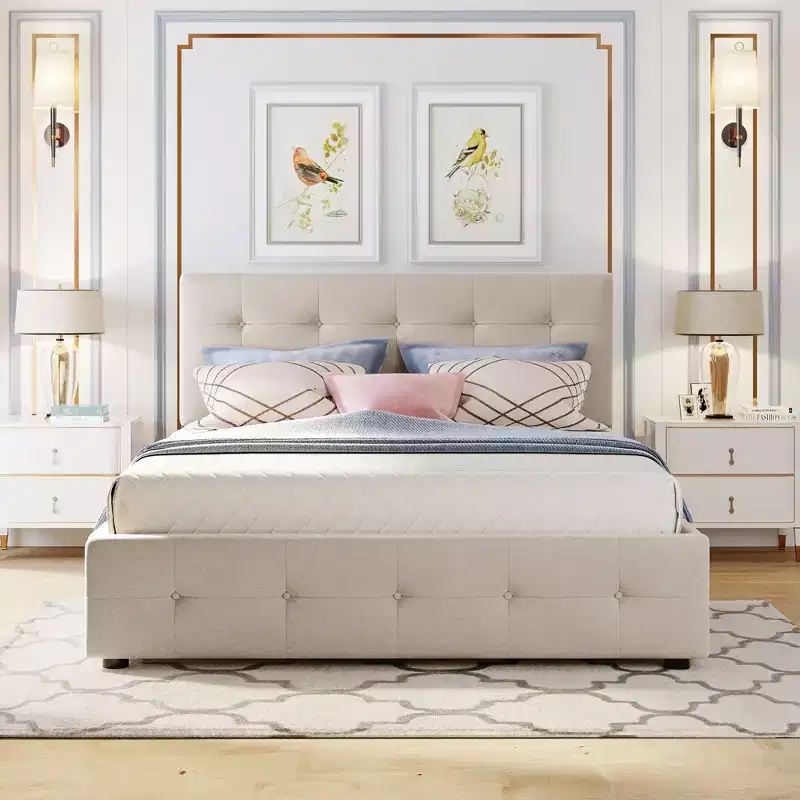 Queen Size Upholstered Platform Bed with Twin XL Trundle, Linen Queen Wooden Bed Frame 2 Drawers for Bedroom