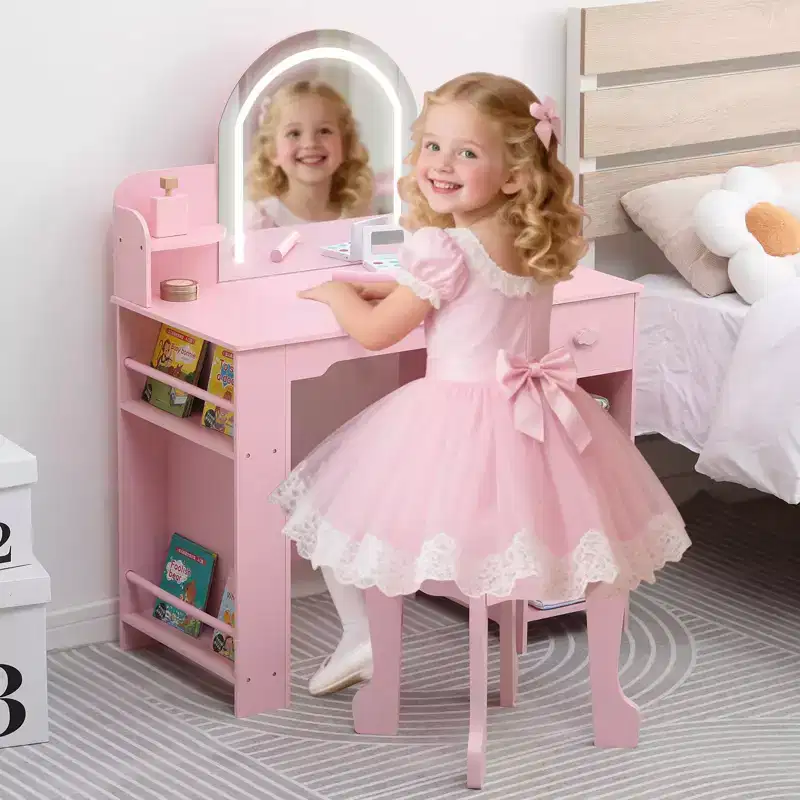 Kids Vanity Desk with Mirror, 2 In 1 Little Girls Vanity Table & Stool, Kids Makeup Table with Bookshelf, Drawer & Open Shelves for 3-9 Yrs Girls