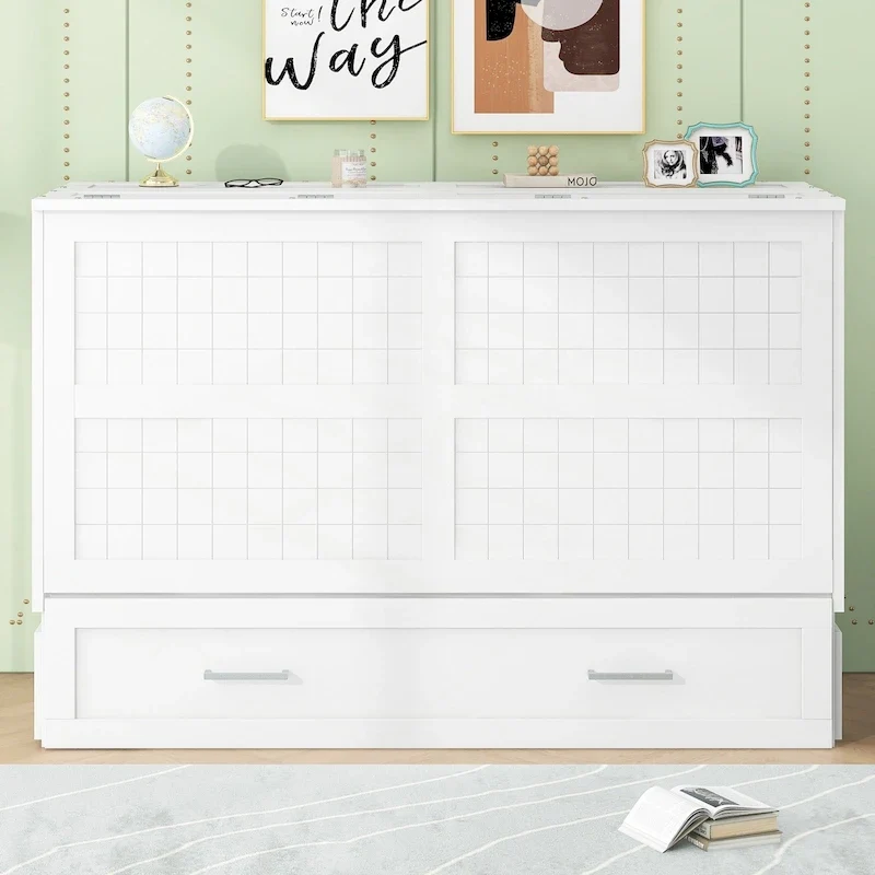 White Queen Size Wall Murphy Bed with Drawer and Side Shelves for 1–2 Person