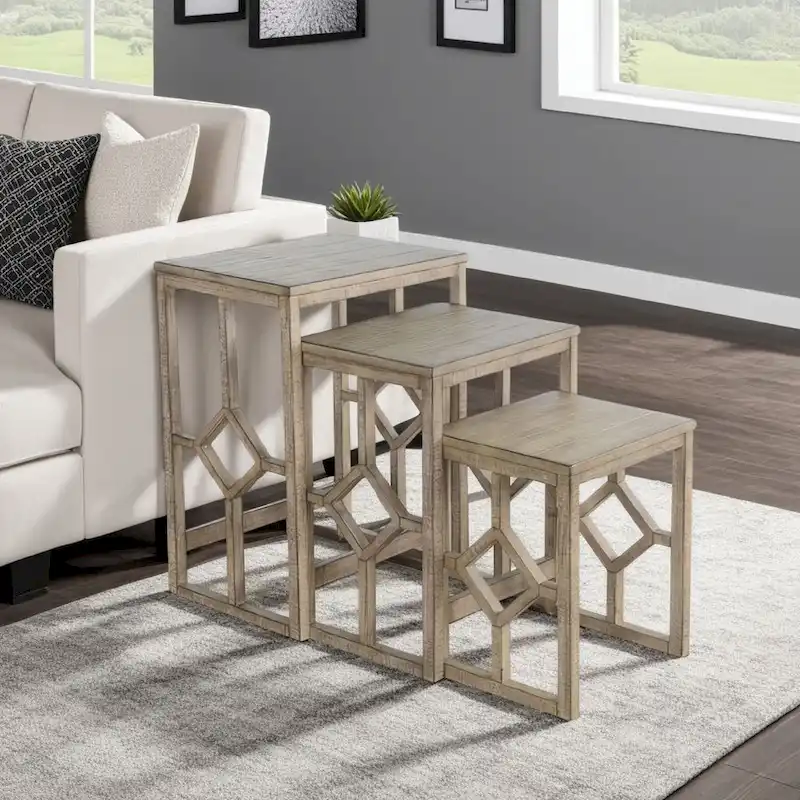 Rena 3 Piece Nesting Accent Table Set, Slatted, Light Brown Mahogany