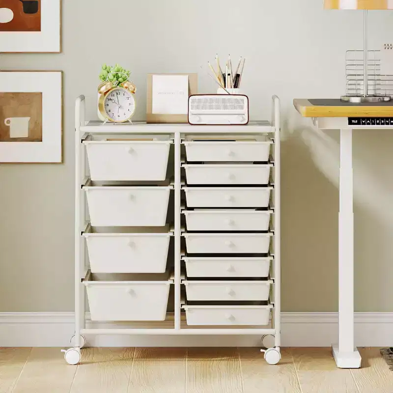 12-Drawer Rolling Storage Cart with Removable Drawers & Lockable Casters – White, Office Organizer