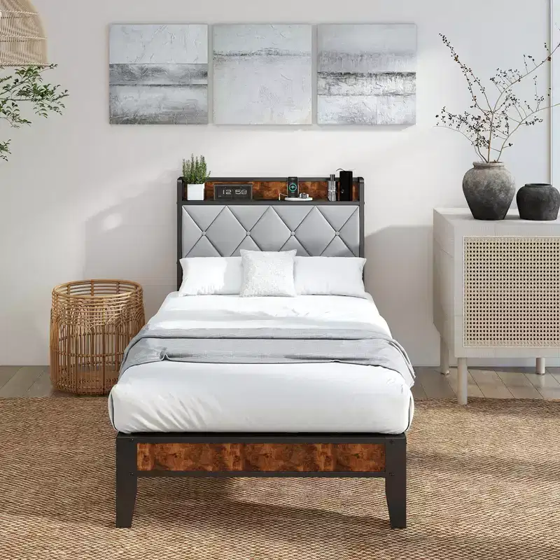 MAYEERTY Upholstered Noise-Free Platform Bed with Headboard Shelf, Easy Assembly & No Box Spring Needed