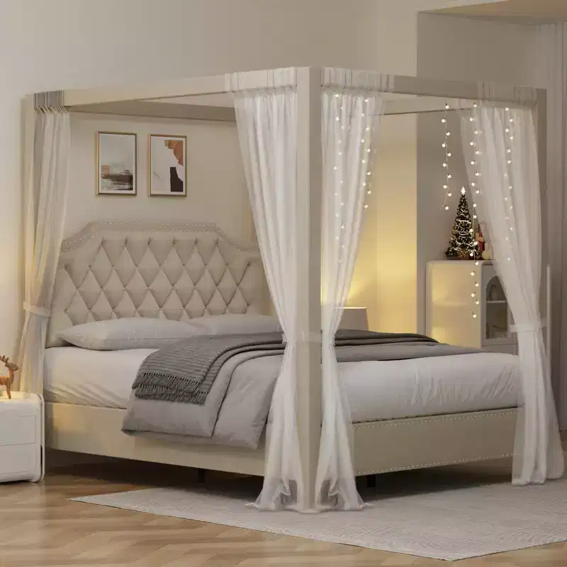 Canopy Bed Frame with Nailhead Headboard, Upholstered Platform Bed with 1200LB Capacity, Solid Wood Slats, No Box Spring Needed, Noise Free