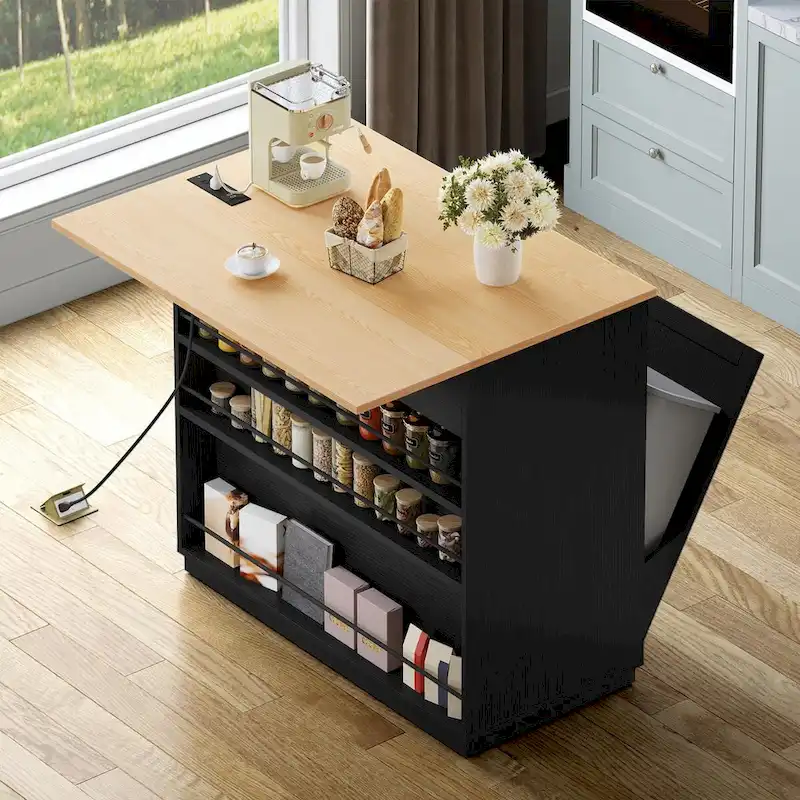 Kitchen Island Drop Leaf with Double Tilt Out Trash Cabinet