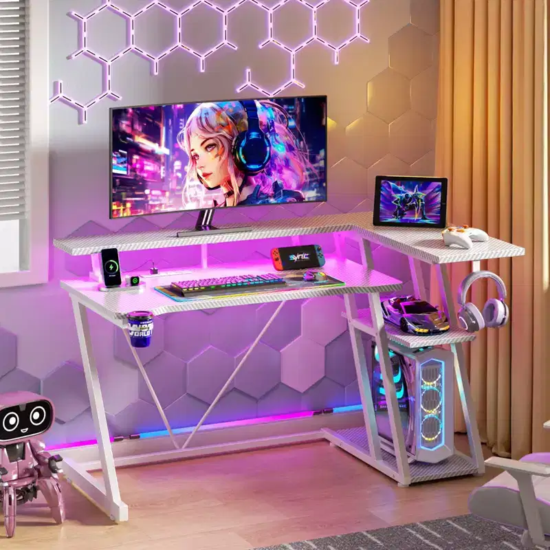 47 inch White Gaming Desk L Shaped Corner Computer Table with Monitor Stand 3 Tier Storage Shelves Bedroom Study Home Office PC Setup Sturdy Work Desk
