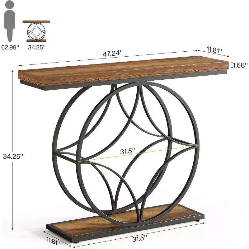 Lantine 47-Inch Console Table, Industrial 2-Tier Sofa Table with Geometric Metal Frame for Living Room, Behind Couch, Small Spaces, Rustic Brown