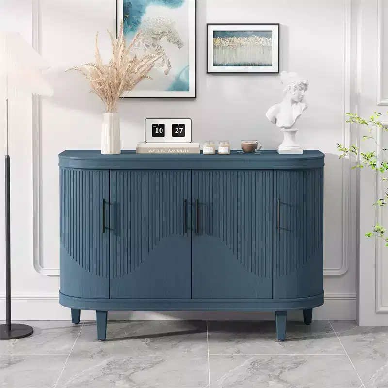 Modern Curved Sideboard 47.2-Inch Decorative Storage Cabinet Wooden Console Table Coffee Bar Cabinet with 4 Doors and Adjustable Interior Shelves