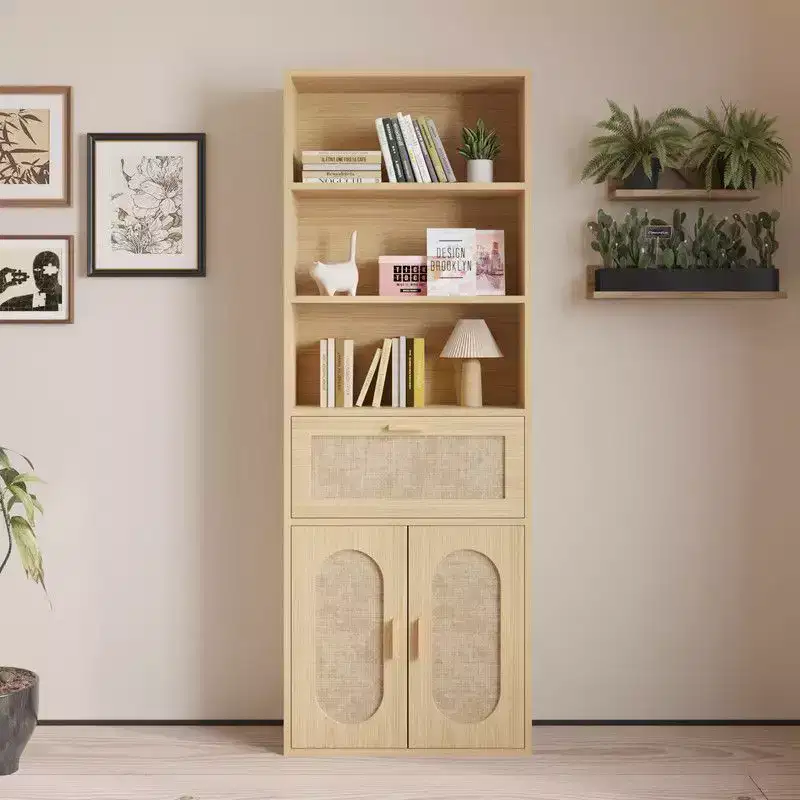 Tan Rattan Display Cabinet 70.86in.H, 3-Tier 1-Drawer 2-Door