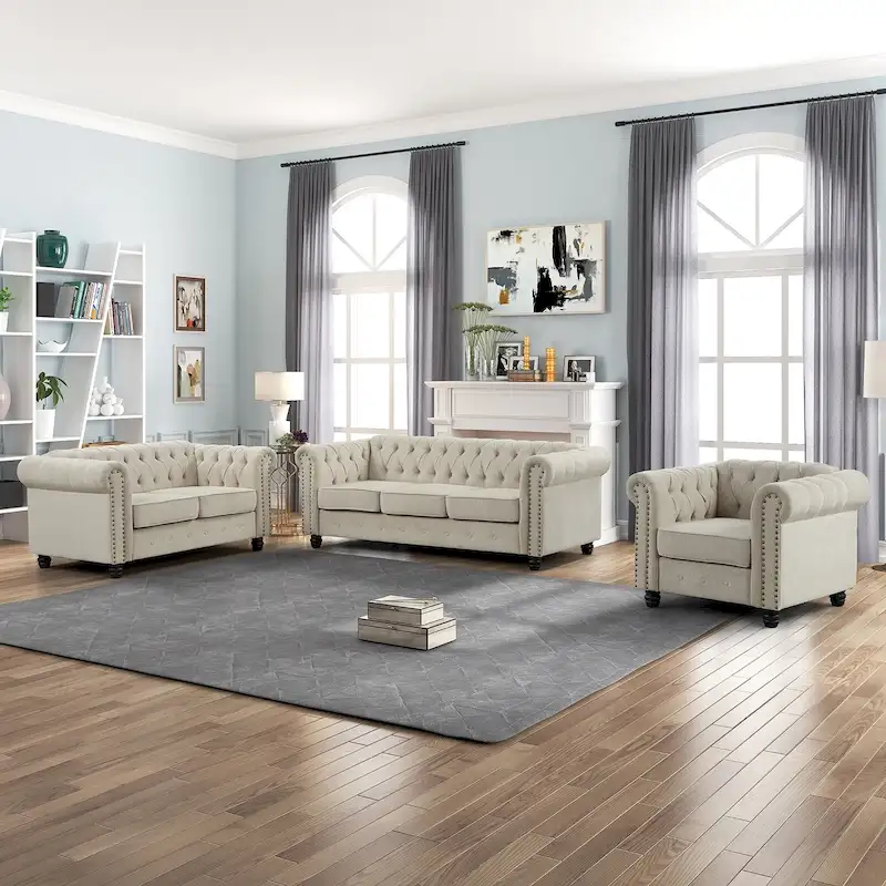 Morden Fort Button Upholstered Chesterfield Set Chair, Loveseat ,Sofa 3 PCS for Living Room,Linen,Solid Wood Legs