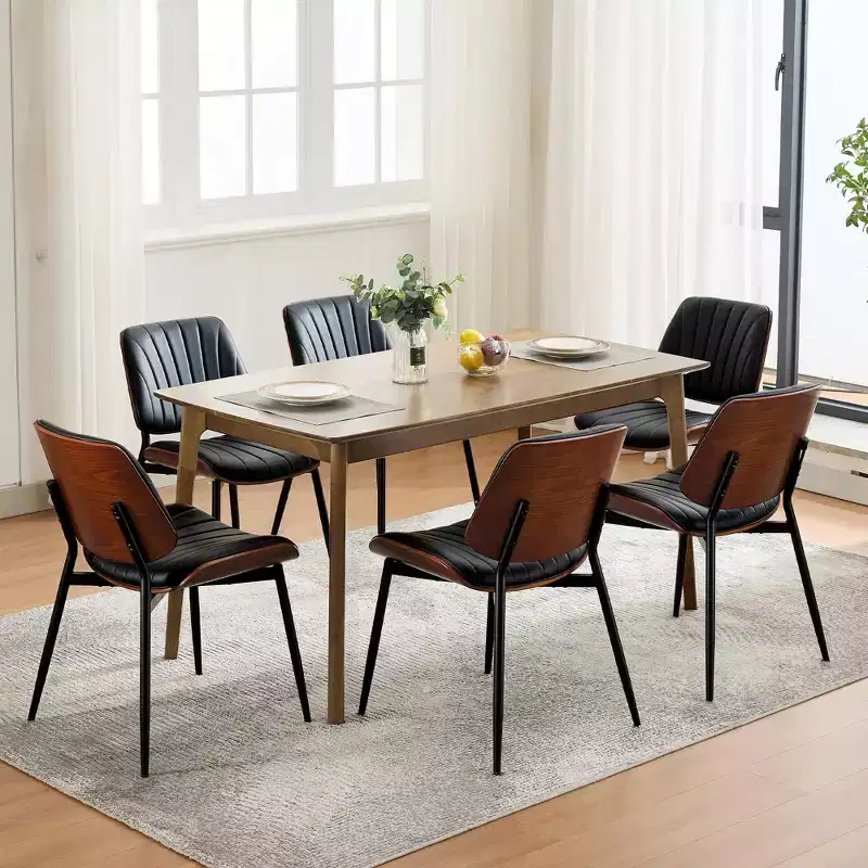 Dining Chairs Set of 2 - Mid Century Modern Upholstered Retro PU Leather Kitchen Chairs with Walnut Bentwood Back, Black Shell Strips
