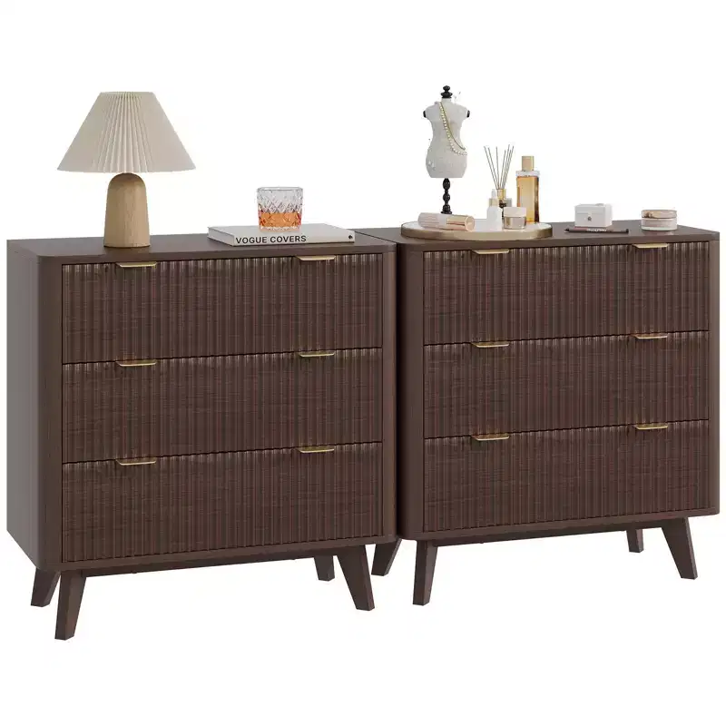Modern Nightstand Set of 2, Fluted Nightstand with Faux Marble Top, 3-Drawer Large Bedside Table, 32 Wide Curved Accent Nightstands