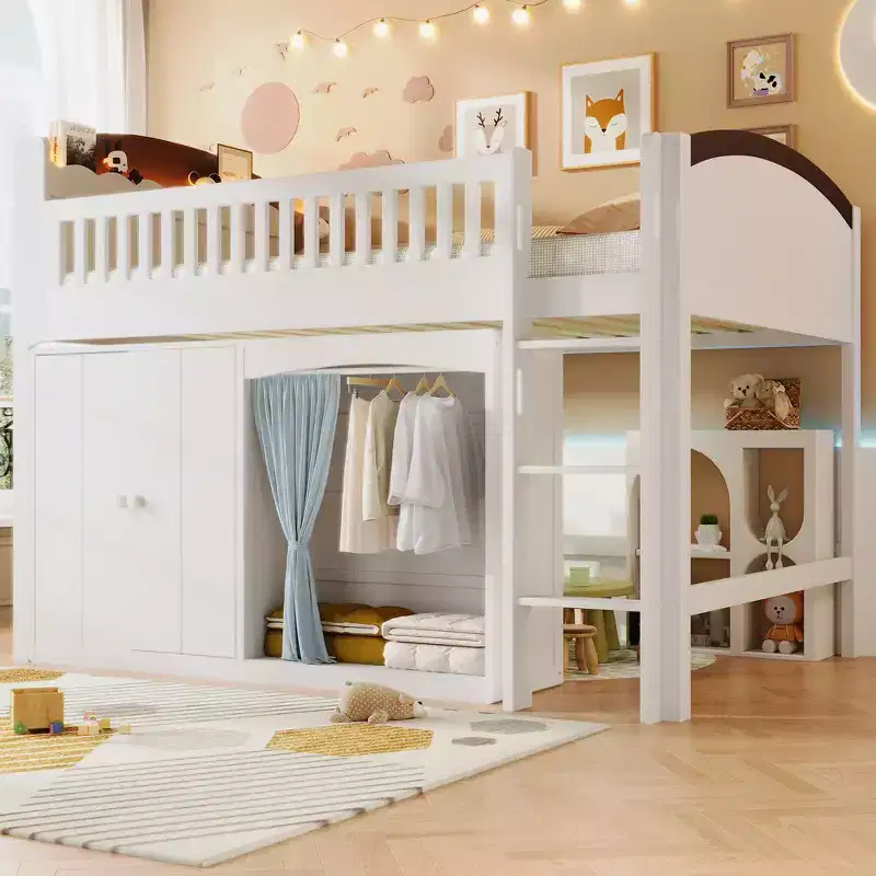 Twin Size Loft Bed Frame with Storage Cabinet, Wardrobe, Sturdy Construction