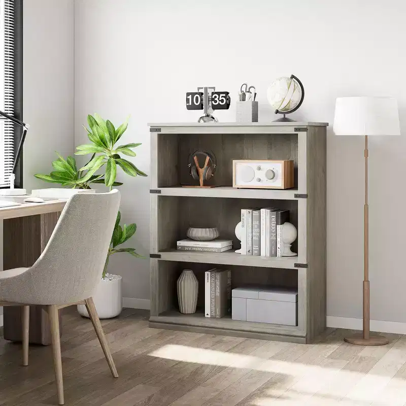 Gray 67.4 Tall Farmhouse Style 3 Tier Wooden Book Shelf/ Bookcase with 3 Large Open Storage for Living Room, Home, Office