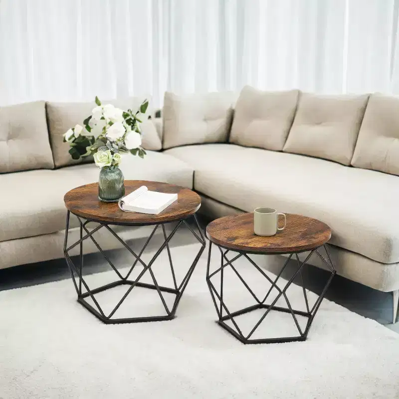 Set of 2 Small Round Coffee Tables with Steel Frame, Side End Tables for Living Room, Bedroom, Office Rustic Brown and Ink Black