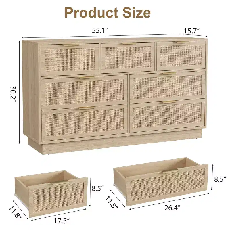 7 Drawer Rattan Dresser for Bedroom, Farmhouse Rattan TV Stand with 7 Storage Drawer,Modern Versatile Organizer for Bedroom,Entryway