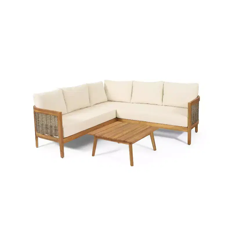 Christopher Knight Home Burchett Outdoor Acacia Wood and Round Wicker 5 Seater Sectional Sofa Chat Set with Cushions, Teak/Beige