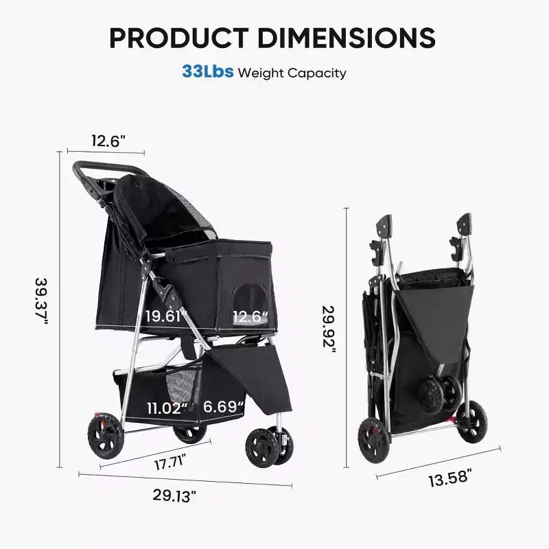 Collapsible Pet Stroller with Storage Basket - Foldable Design for Small/Medium Dogs and Cats