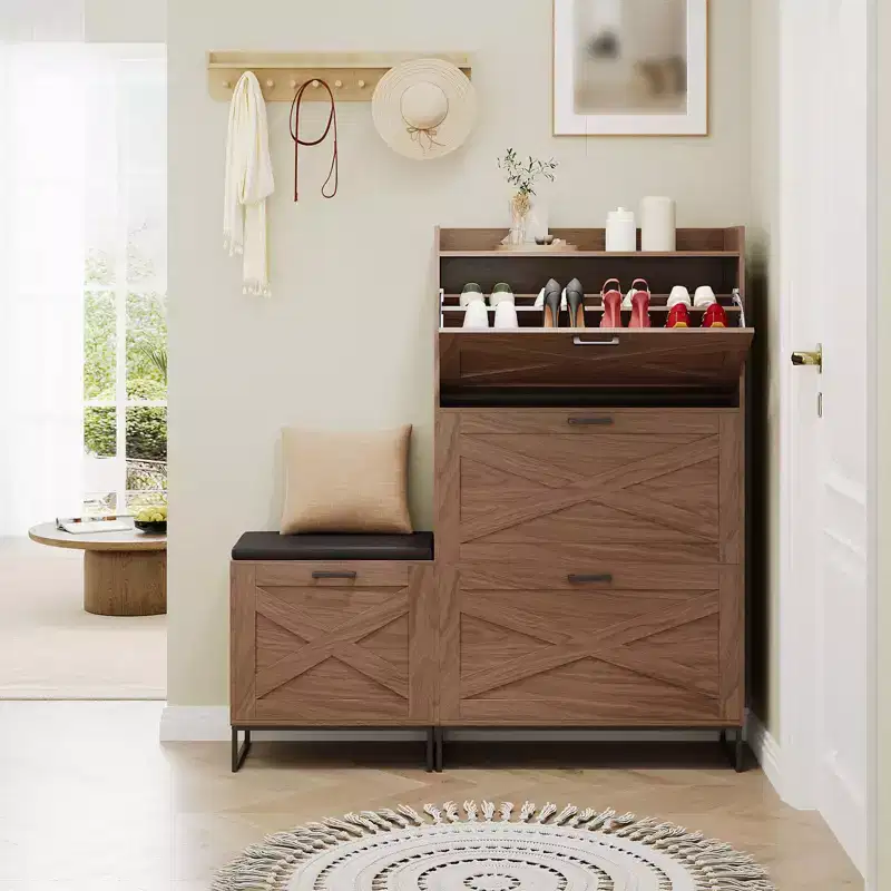 Shoe Storage Bench, Wooden Entryway Bench with 4 Flip Drawers & Padded Seat, Hidden Shoe Organizer Cabinet for Hallway Living Room