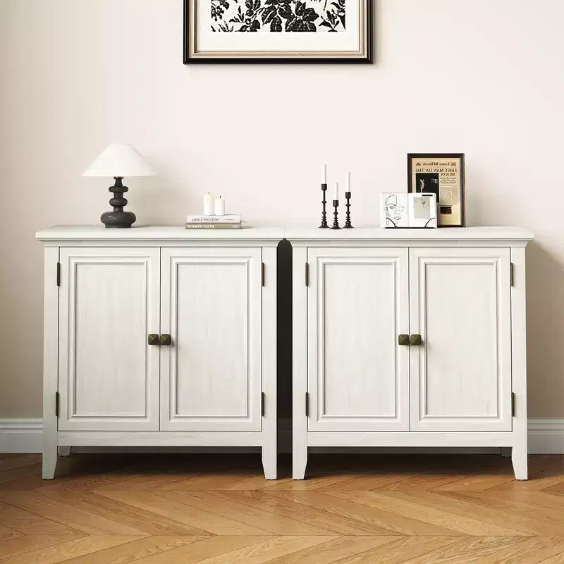 Heynemo 2-Door Buffet Cabinet with Storage, Bohemian Sideboard with Adjustable Shelves, Wood Credenza Cabinet, Grayish-White Console Table Bedroom