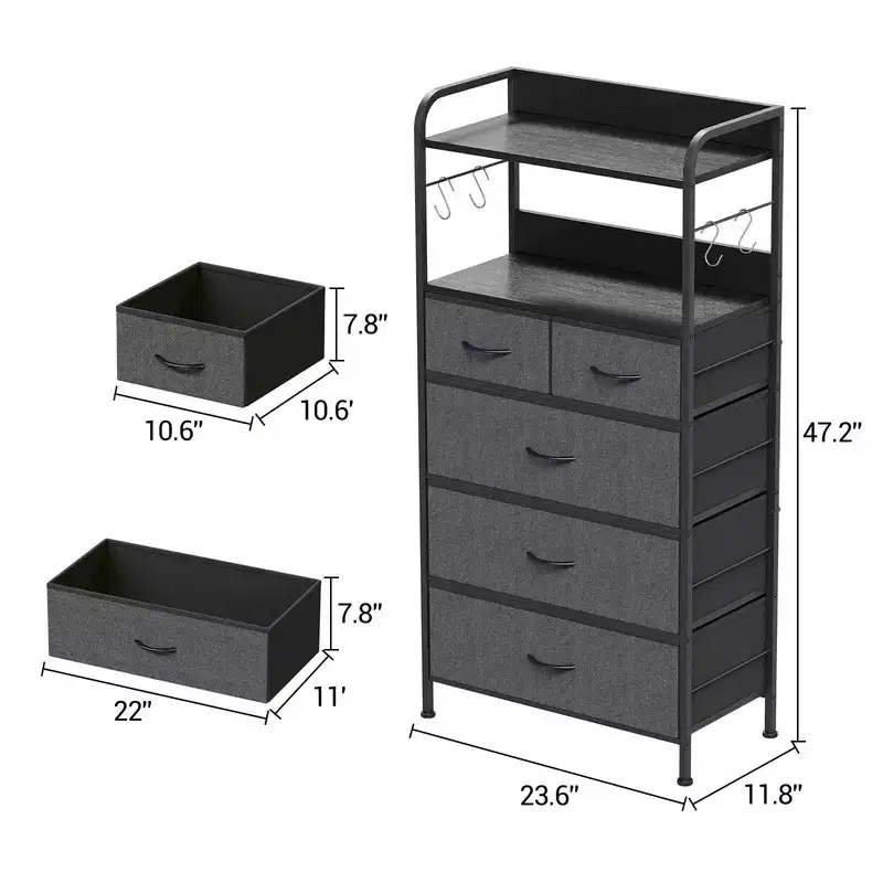 Slim 5-Drawer Fabric Dresser with Metal Frame, Compact Storage Organizer with Shelves and Hooks