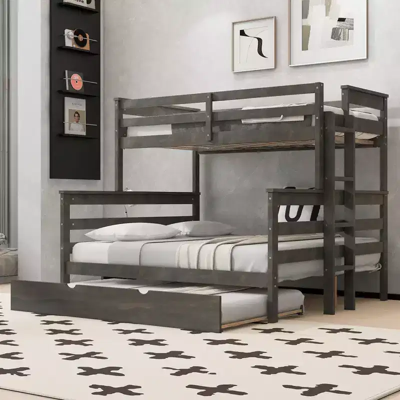 Whisen Wood Twin XL over Queen Bunk Bed Frame with Ladder, Solid Wood Slats