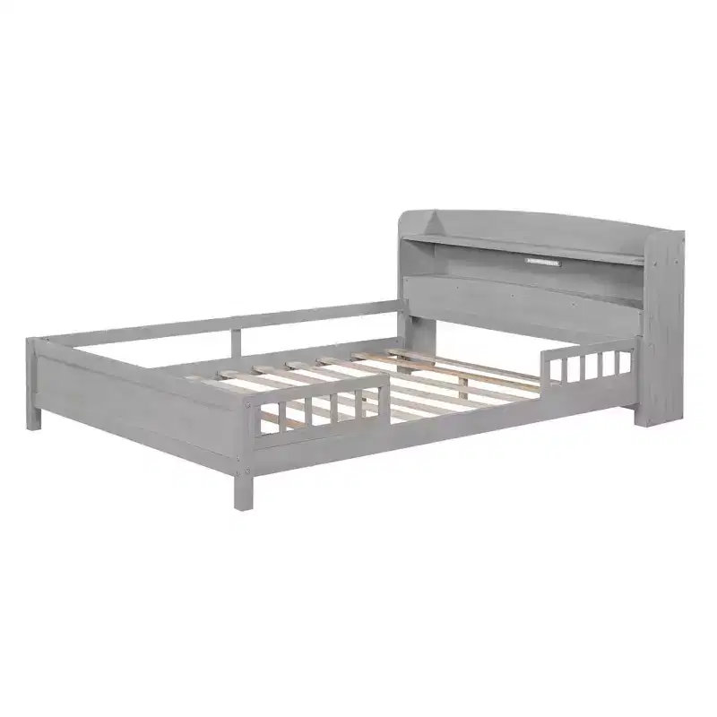 Full Size Platform Bed with Built-in LED Light and Storage Shelves Headboard, Guardrail Platform Bed Frame, No Box Spring Needed