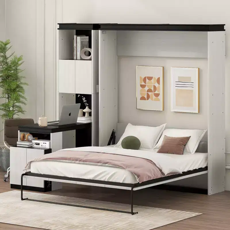 Full Size Wall Murphy Bed Multifunctional Foldable Platform Bedframe with Desk, Storage Shelves and Cabinets, Black+White-ModernLuxe
