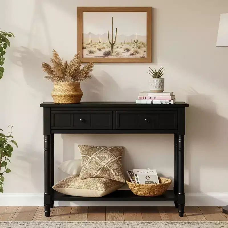 35.4 Traditional Console Table with Drawers and Shelf, Vintage Pine Entryway Table, Compact Sofa Table for Living Room or Hallway-Panipeachy