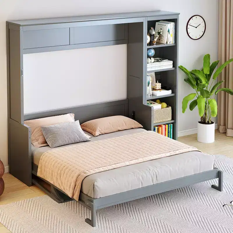 Queen Size Murphy Bed with Desk and Bookshelf, Easy Assembly