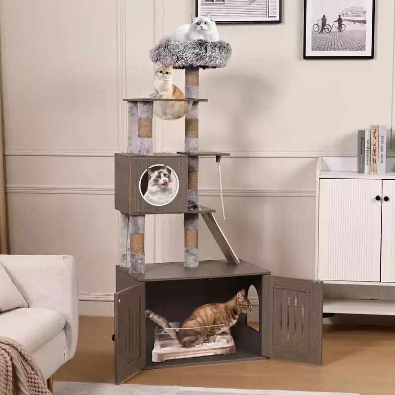 Litter Box Enclosure with Cat Tree, 2-in-1 Cat Tower, 66.9-Inch Tall Condo with Scratching Posts
