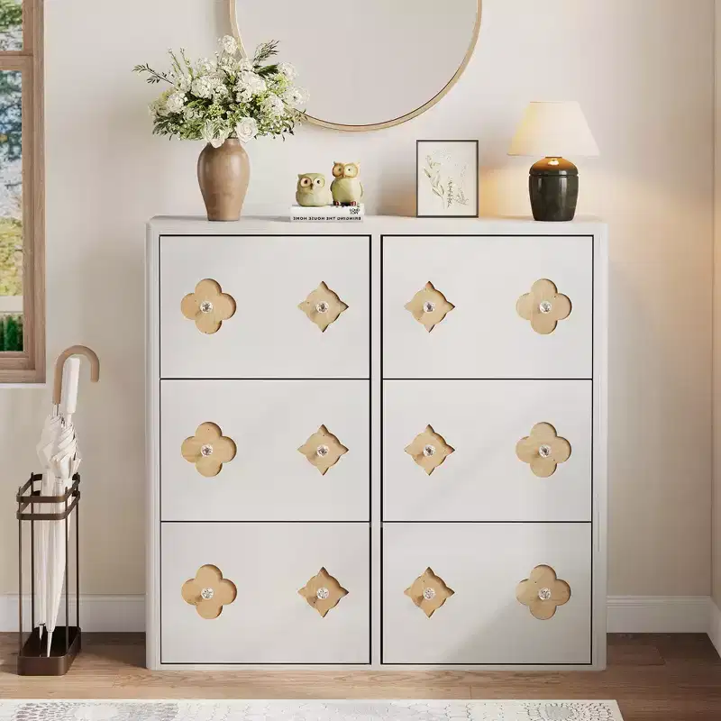 Wooden Shoe Cabinet with 6 Flip Drawers Adjustable Shelves Flower Pattern Diamond Handle Freestanding Slim Storage Organizer for Entryway