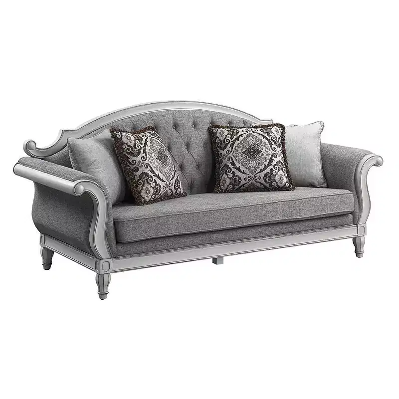 88 Florian Sofa Gray Fabric and Antique White Finish - Acme Furniture: Leather Upholstery, Wood Frame, Includes Accent Pillow