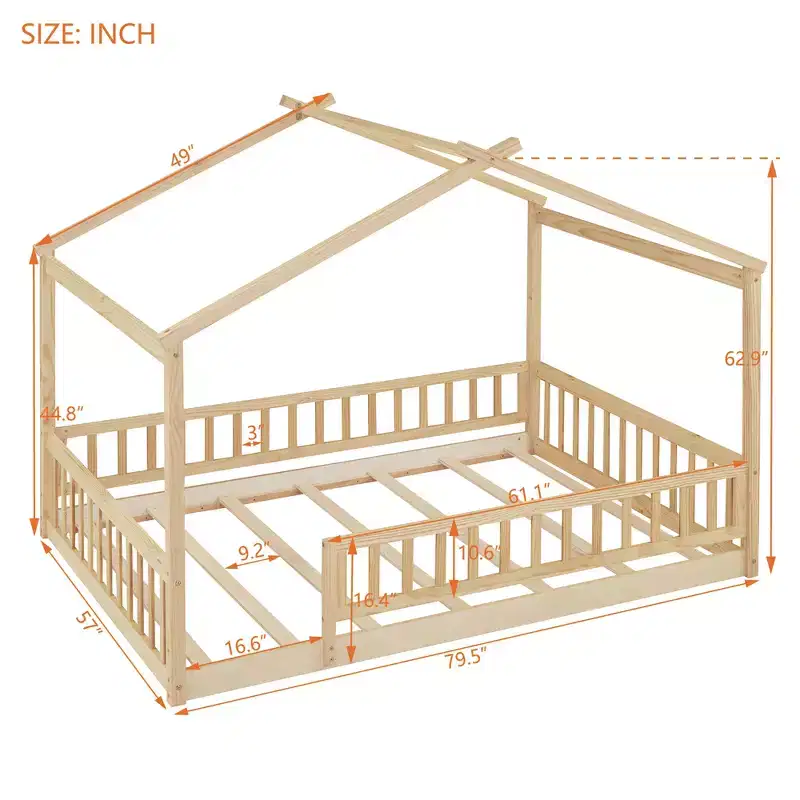 Full Size Montessori House Floor Bed Frame with Fence & Roof, Kids Playhouse Bed, Natural Wood